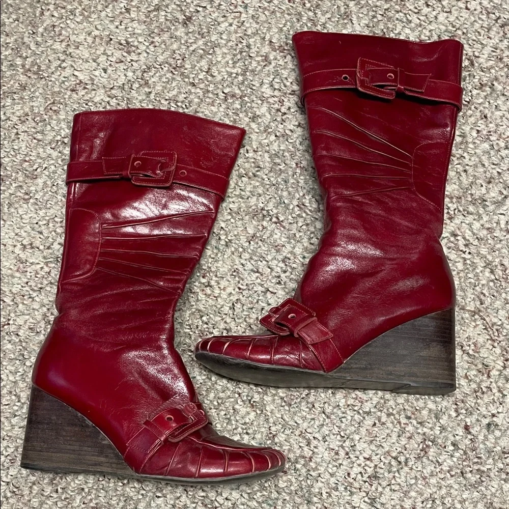 Miz mooz broadway red leather wedge heel boots with buckle strap accent - Picture 1 of 10